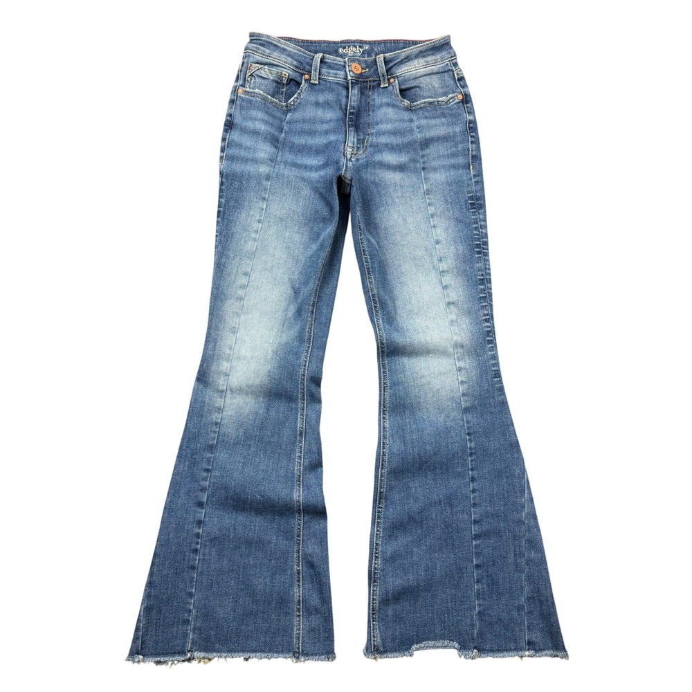 Edgely Womens 8 Reg High Rise Flare Jeans Blue Medium Wash Raw Hem Stretch